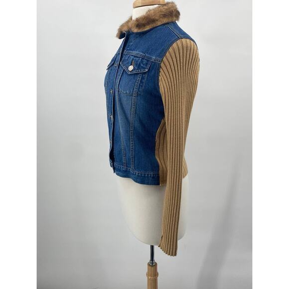 Y2K No Boundaries Denim Ribbed Knit Jacket Button Down Faux Fur Collar XS-Small - Picture 4 of 7